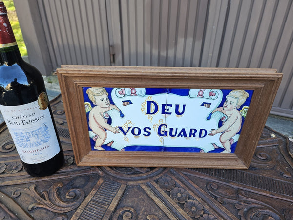 Vintage pottery tile in wood frame spanish text  God be with you angels