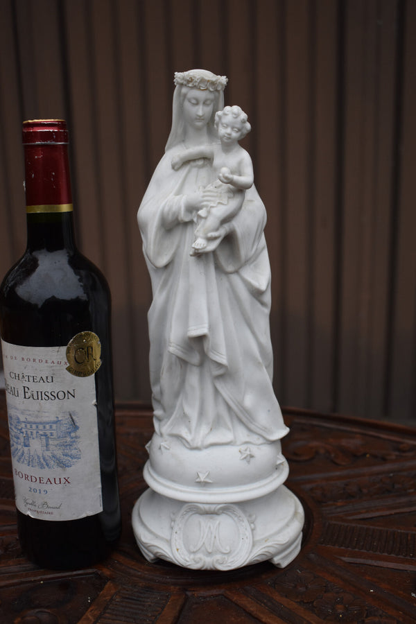 Antique french bisque porcelain madonna child statue