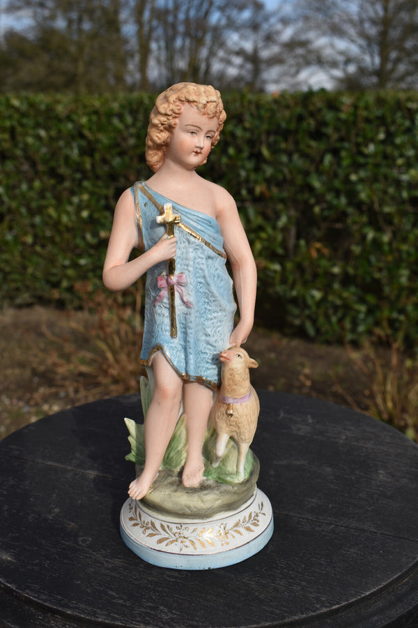 Antique german bisque porcelain statue of young saint john the baptist lamb