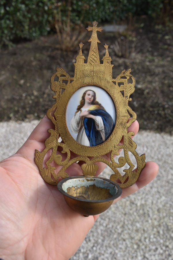 Antique metal gold gilt neo gothic holy water font porcelain medaillon madonna