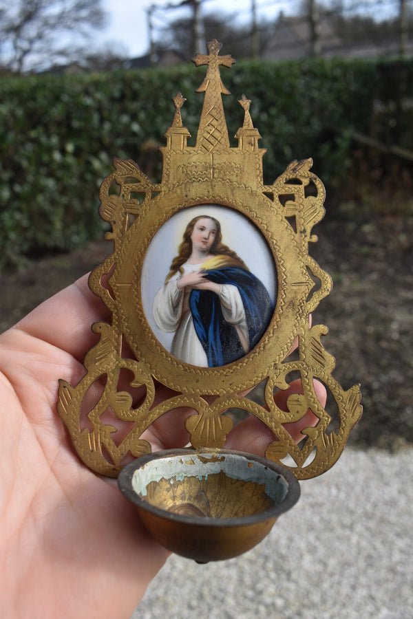 Antique metal gold gilt neo gothic holy water font porcelain medaillon madonna