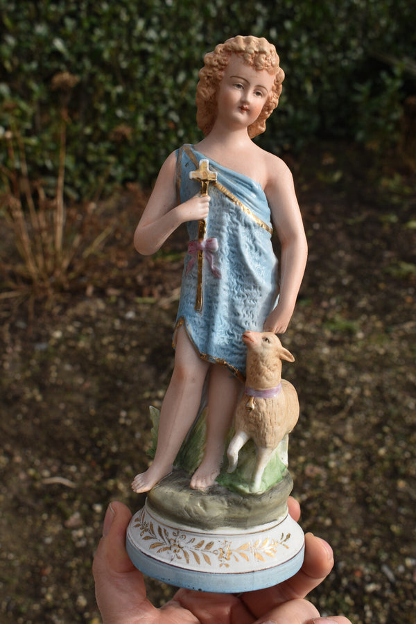 Antique german bisque porcelain statue of young saint john the baptist lamb
