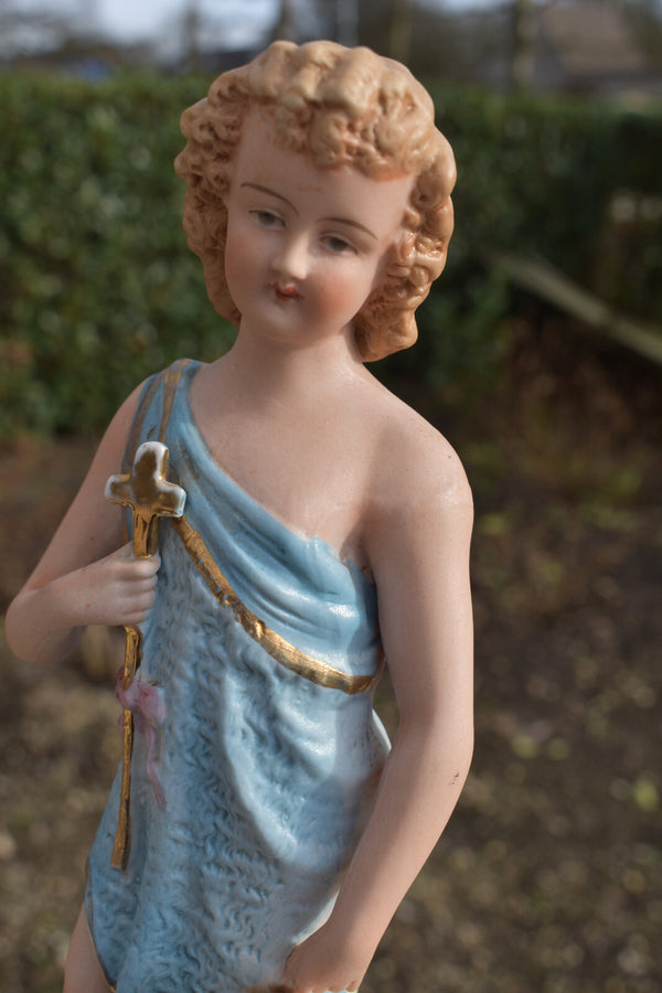 Antique german bisque porcelain statue of young saint john the baptist lamb
