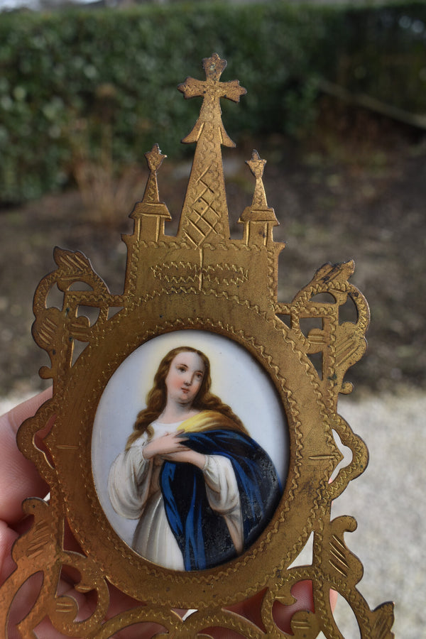 Antique metal gold gilt neo gothic holy water font porcelain medaillon madonna