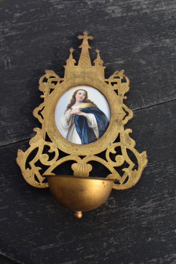 Antique metal gold gilt neo gothic holy water font porcelain medaillon madonna
