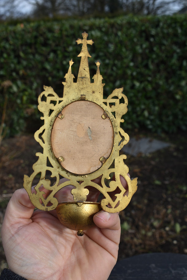 Antique metal gold gilt neo gothic holy water font porcelain medaillon madonna