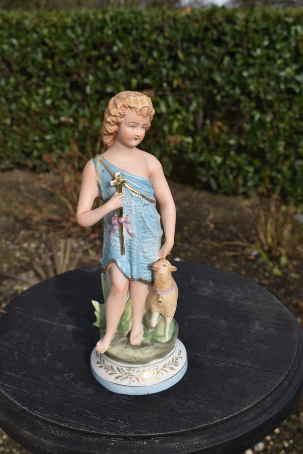 Antique german bisque porcelain statue of young saint john the baptist lamb