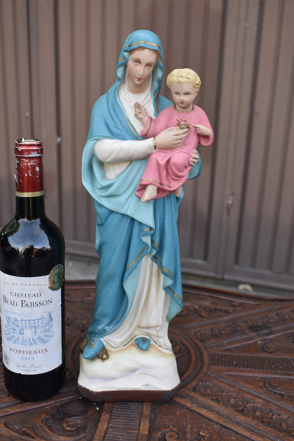 Antique chalk madonna child jesus snake statue