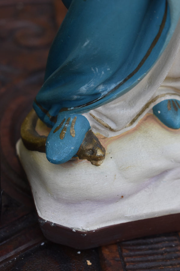 Antique chalk madonna child jesus snake statue