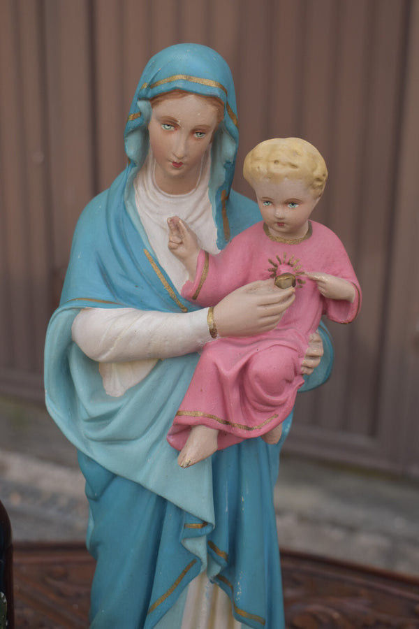 Antique chalk madonna child jesus snake statue