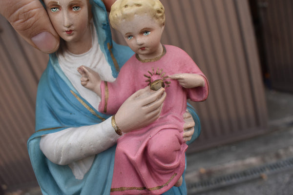 Antique chalk madonna child jesus snake statue