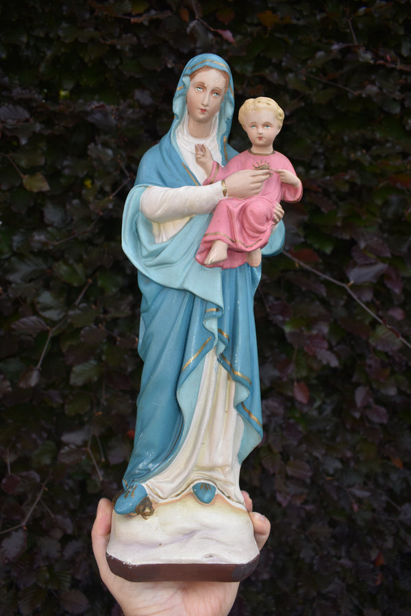 Antique chalk madonna child jesus snake statue
