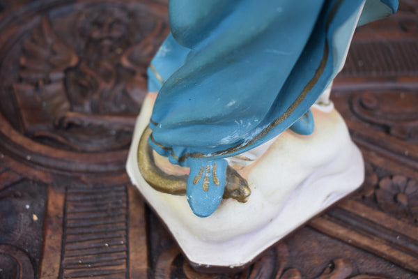 Antique chalk madonna child jesus snake statue