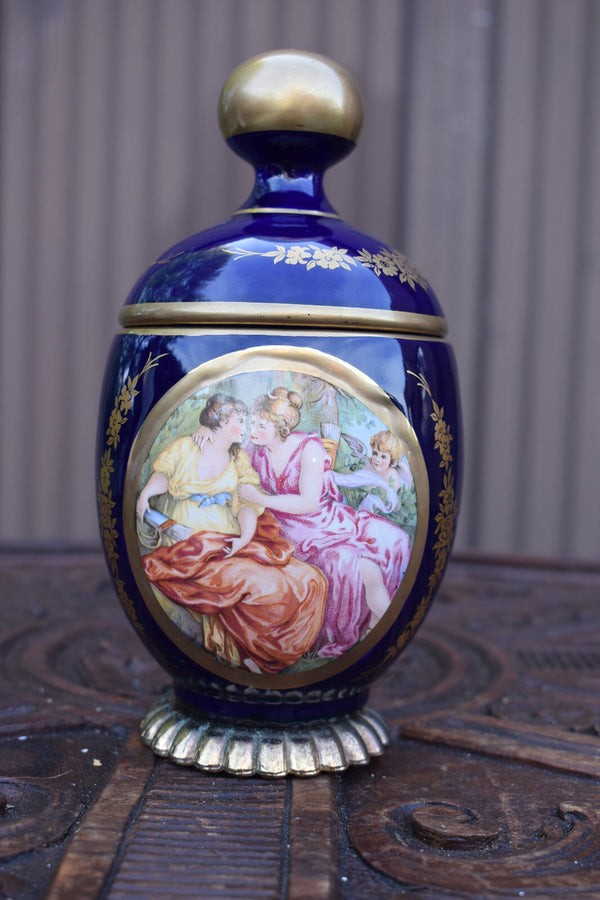 1970 cobalt blue limoges decor porcelain vase box bonbonniere victorian decor