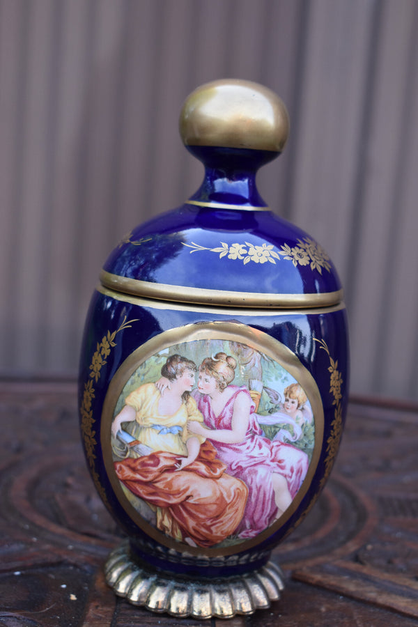 1970 cobalt blue limoges decor porcelain vase box bonbonniere victorian decor