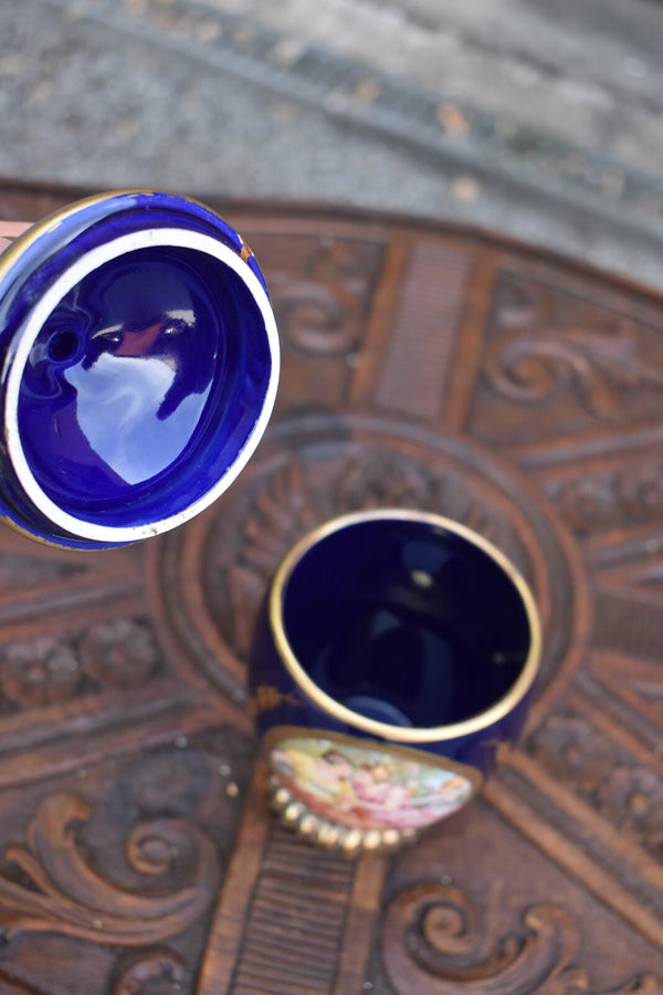 1970 cobalt blue limoges decor porcelain vase box bonbonniere victorian decor