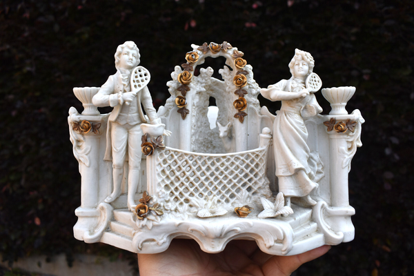Antique german bisque porcelain planter vase figurine tennis racket statue