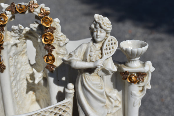 Antique german bisque porcelain planter vase figurine tennis racket statue