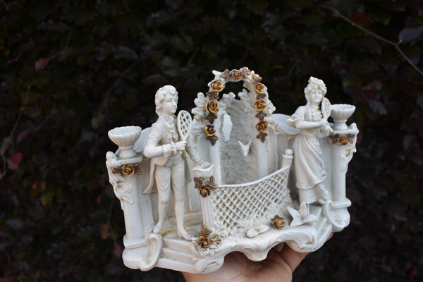 Antique german bisque porcelain planter vase figurine tennis racket statue