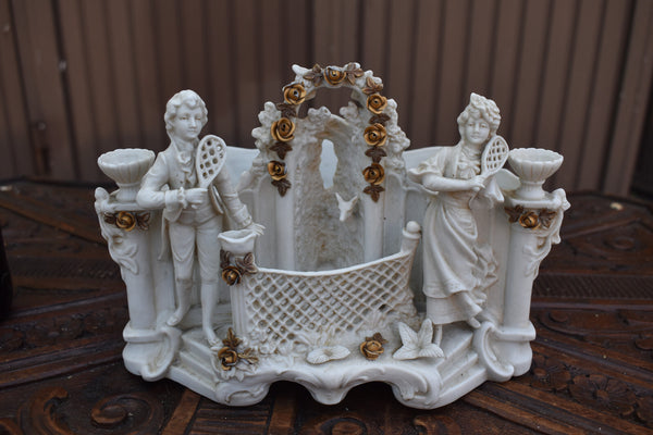Antique german bisque porcelain planter vase figurine tennis racket statue