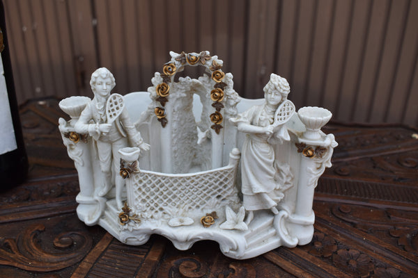 Antique german bisque porcelain planter vase figurine tennis racket statue