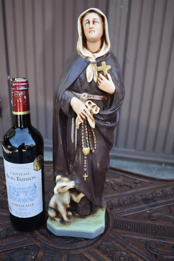Antique religious chalk statue of saint margaretha of cortona with dog