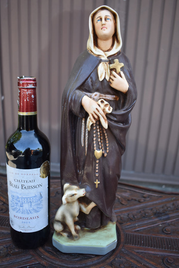 Antique religious chalk statue of saint margaretha of cortona with dog