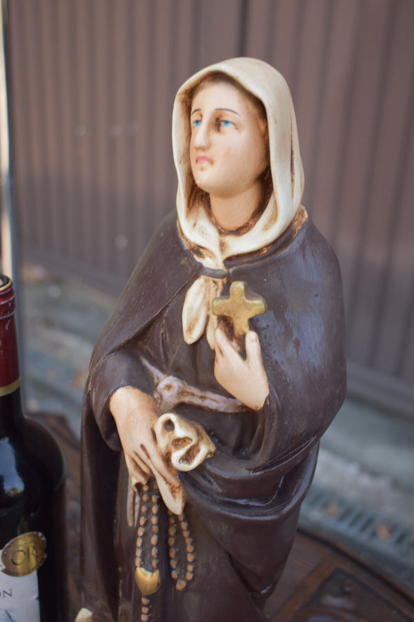 Antique religious chalk statue of saint margaretha of cortona with dog