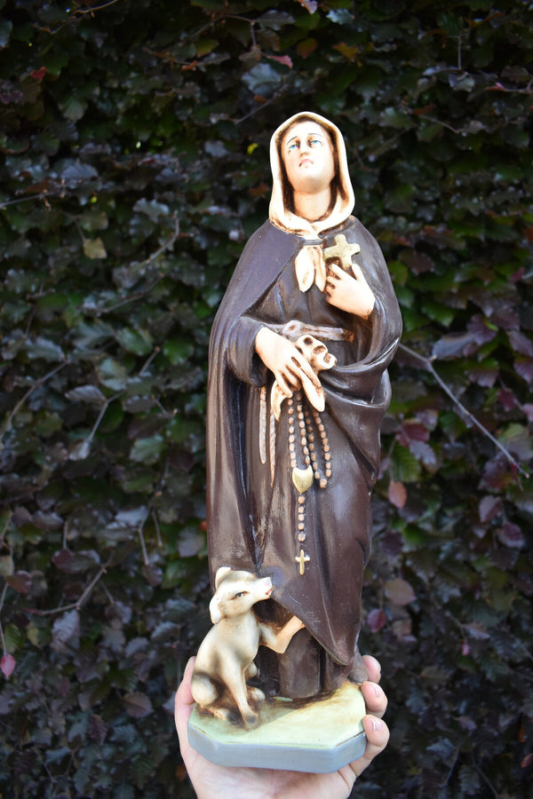 Antique religious chalk statue of saint margaretha of cortona with dog