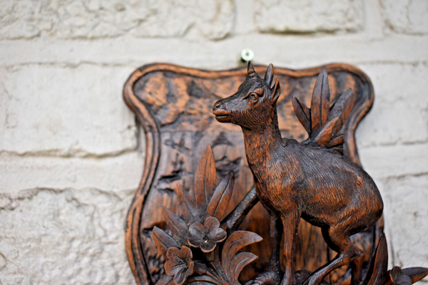 Antique Black forest wood carving wall letter holder deer animal