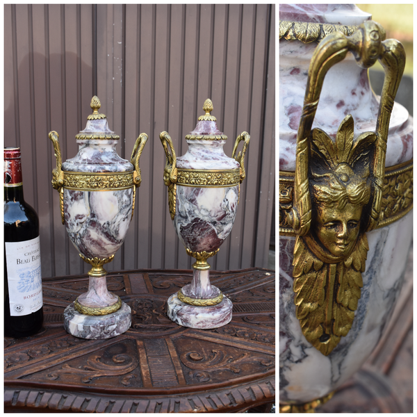 PAIR antique marble bronze urns  vases Caryatid head handles