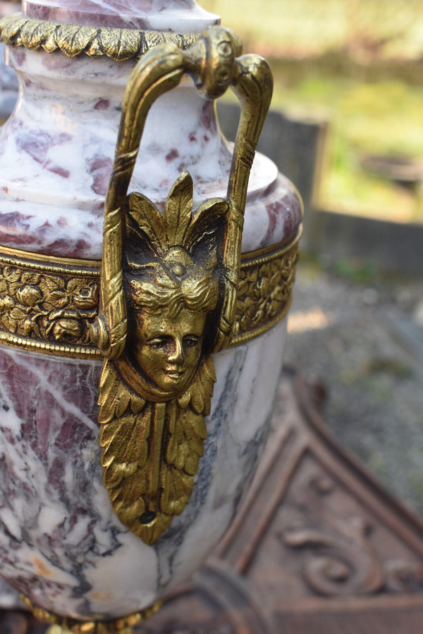 PAIR antique marble bronze urns  vases Caryatid head handles