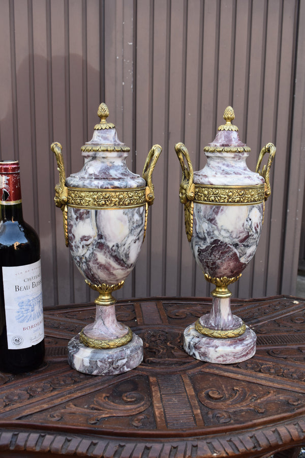PAIR antique marble bronze urns  vases Caryatid head handles
