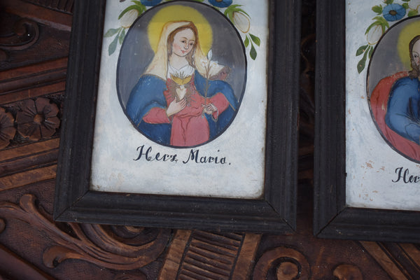 PAIR antique German eglomise glass painting sacred heart jesus mary portrait
