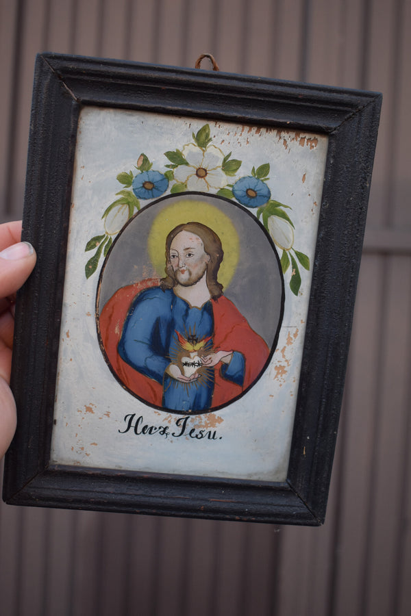PAIR antique German eglomise glass painting sacred heart jesus mary portrait