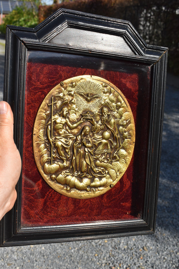 Antique religious wall plaque with bronze medaillon inside coronation mary