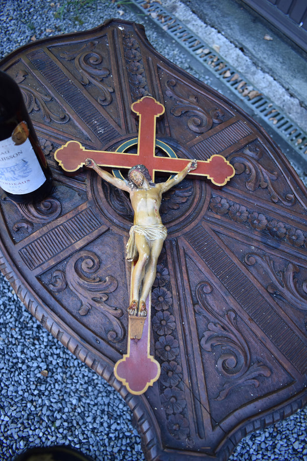 Antique french wood hand paint cross chalk corpus christi Wall religious