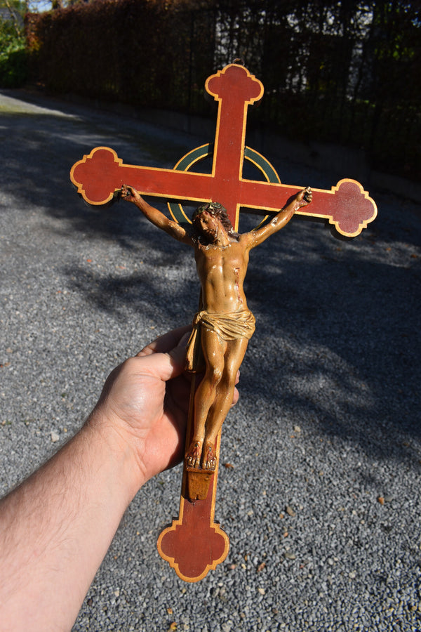 Antique french wood hand paint cross chalk corpus christi Wall religious