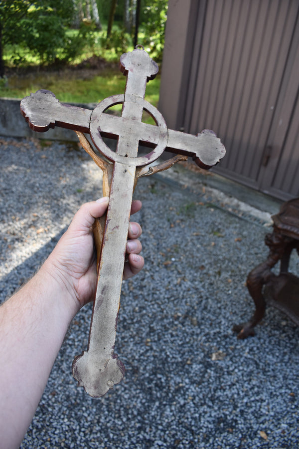 Antique french wood hand paint cross chalk corpus christi Wall religious