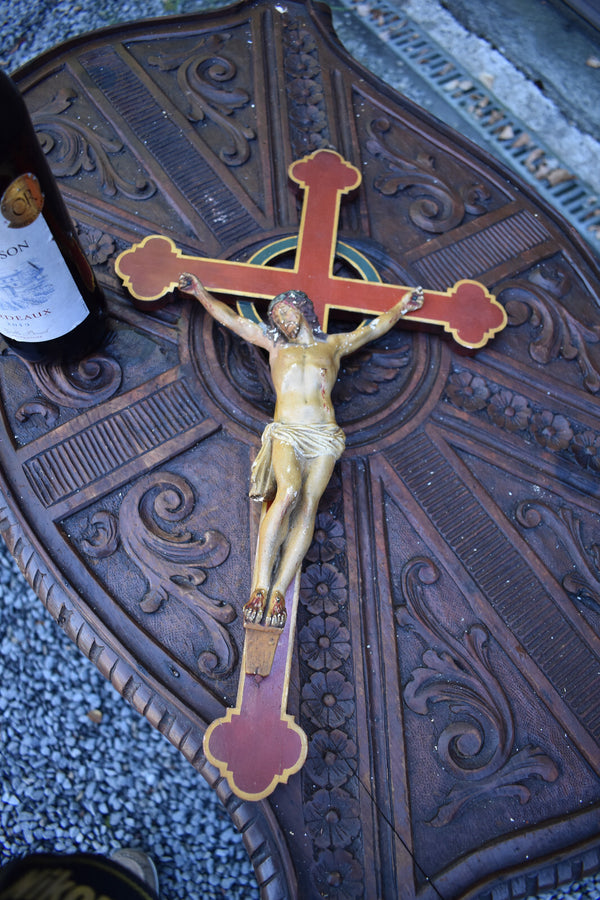 Antique french wood hand paint cross chalk corpus christi Wall religious
