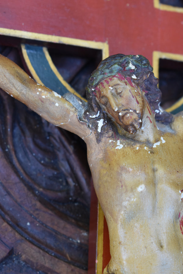 Antique french wood hand paint cross chalk corpus christi Wall religious