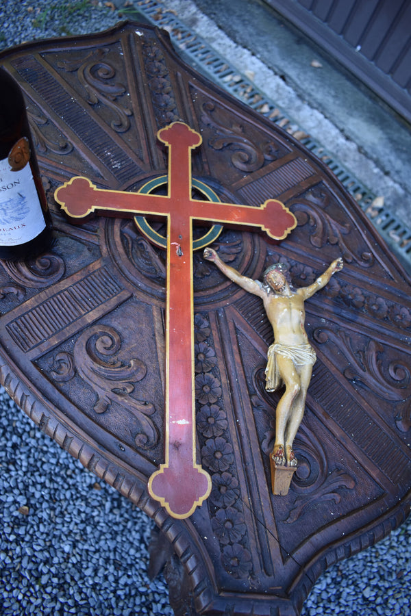 Antique french wood hand paint cross chalk corpus christi Wall religious