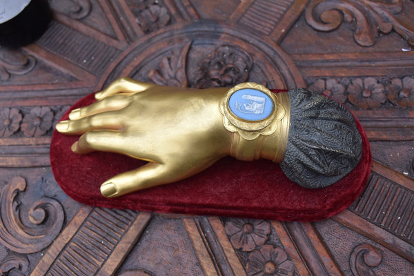 Antique Bronze 19thc hand form inkwell wedgwood porcelain medaillon rare