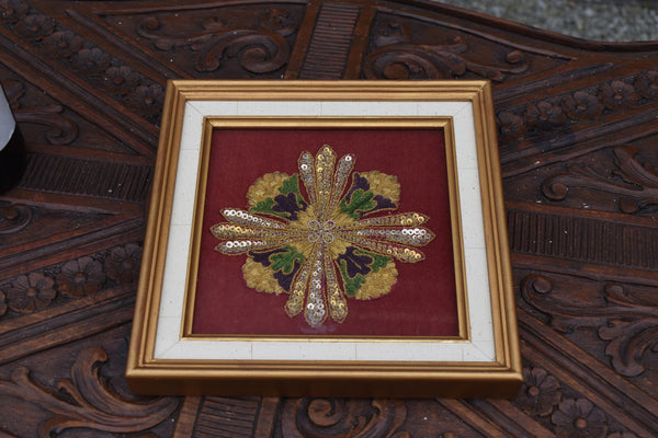 Antique lithurgical brocade silk Cross crucifix frame religious plaque