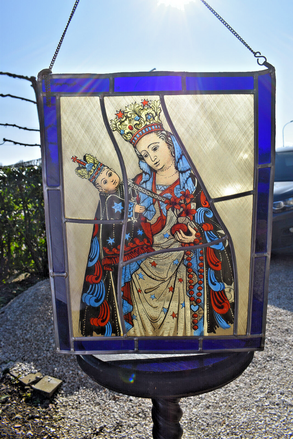 Antique Stained glass window panel Sterre Der Zee madonna Maastricht religious