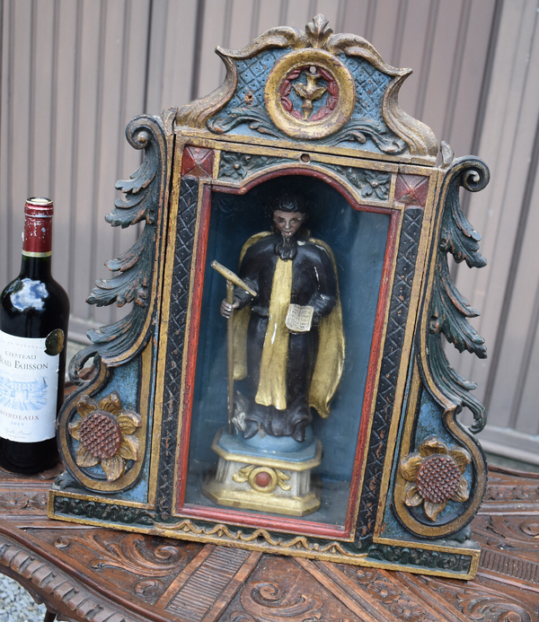 Antique 19thc Wood carved polychrome chapel nich wall saint roch statue rare