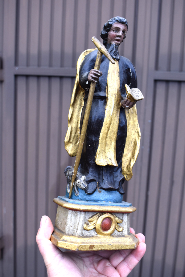 Antique 19thc Wood carved polychrome chapel nich wall saint roch statue rare