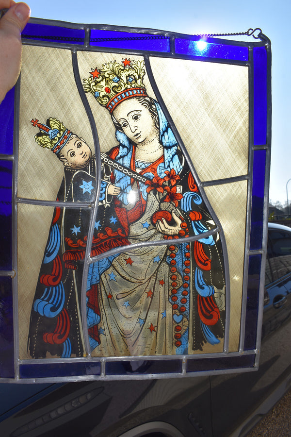 Antique Stained glass window panel Sterre Der Zee madonna Maastricht religious