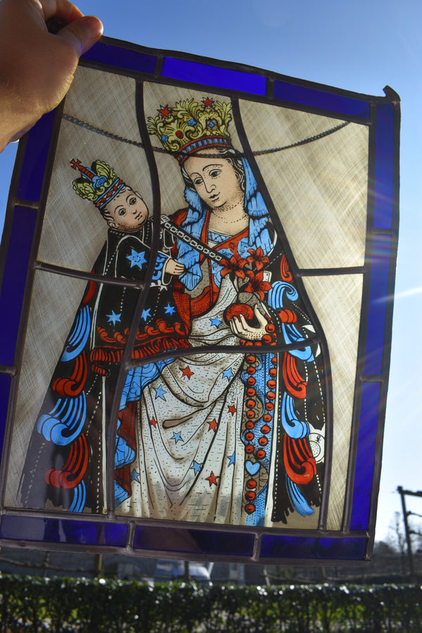 Antique Stained glass window panel Sterre Der Zee madonna Maastricht religious