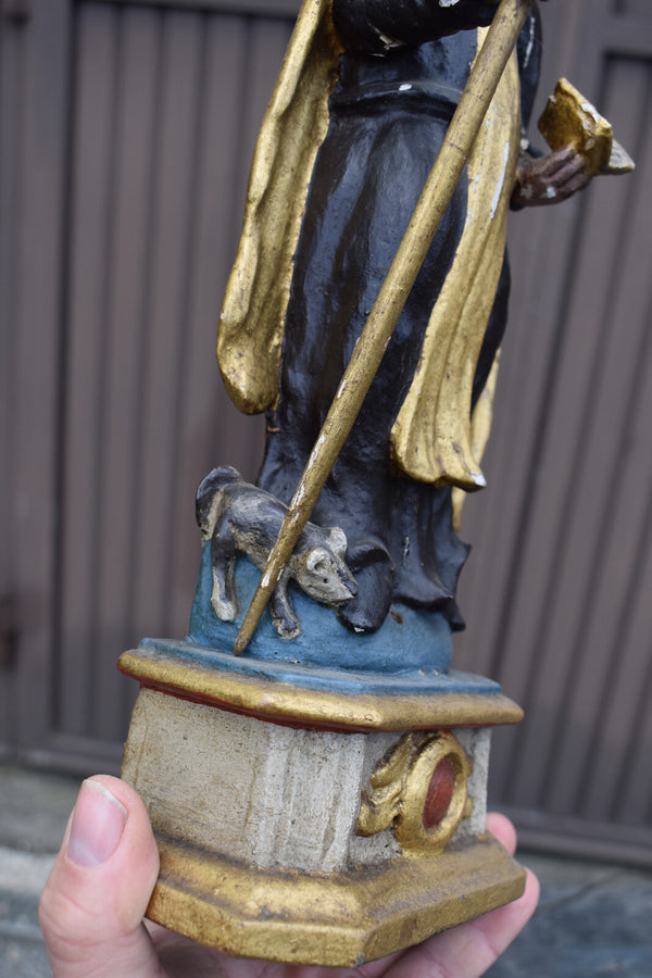 Antique 19thc Wood carved polychrome chapel nich wall saint roch statue rare